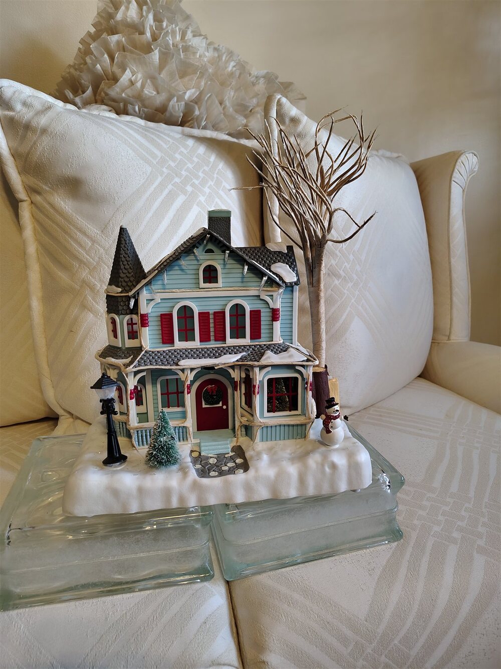 Victorian Christmas Village Houses Set of 2 Blue Pink Snowy Trees